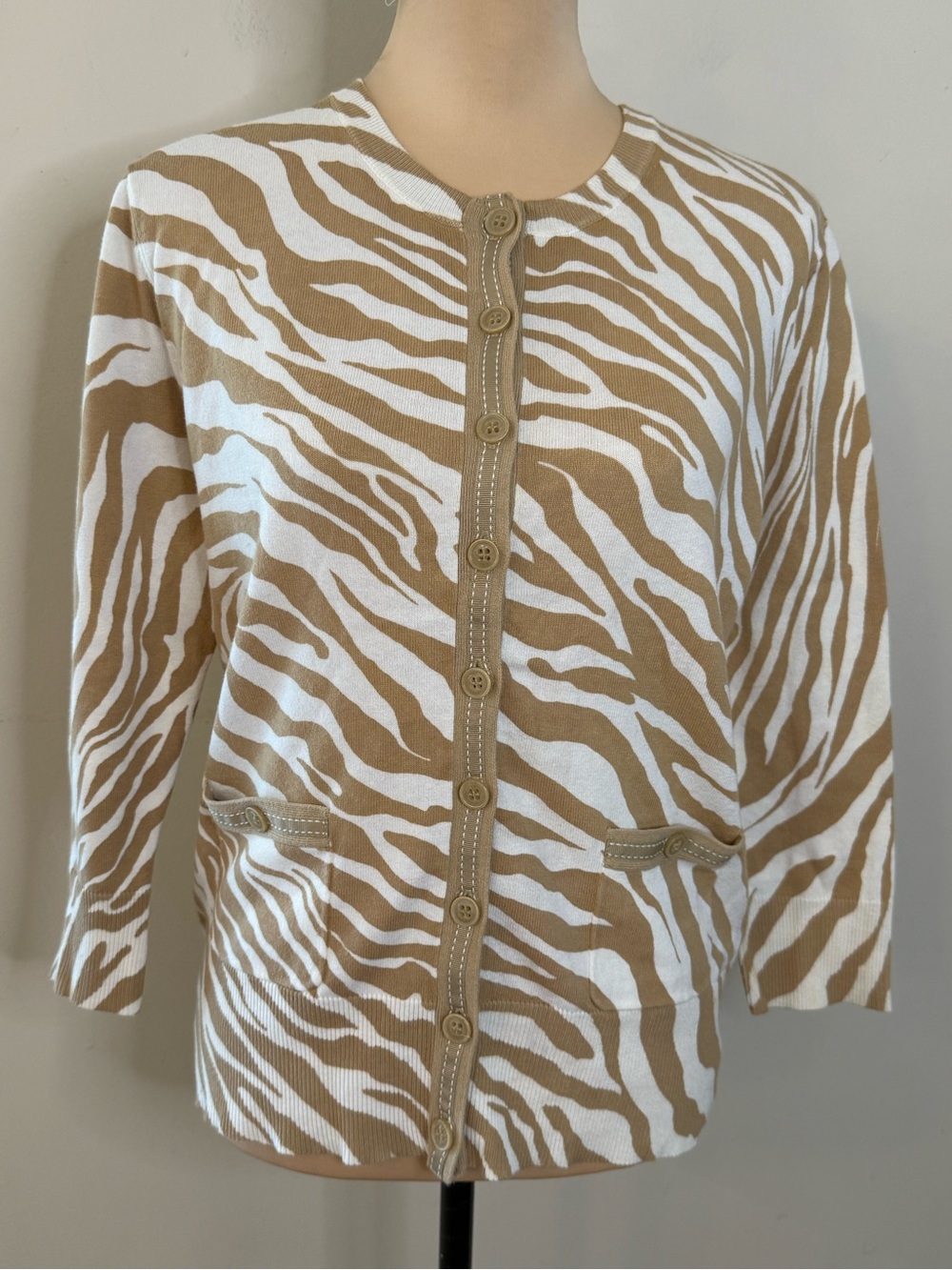 Zebra print neutral tan white button up cardigan sweater SZ LG